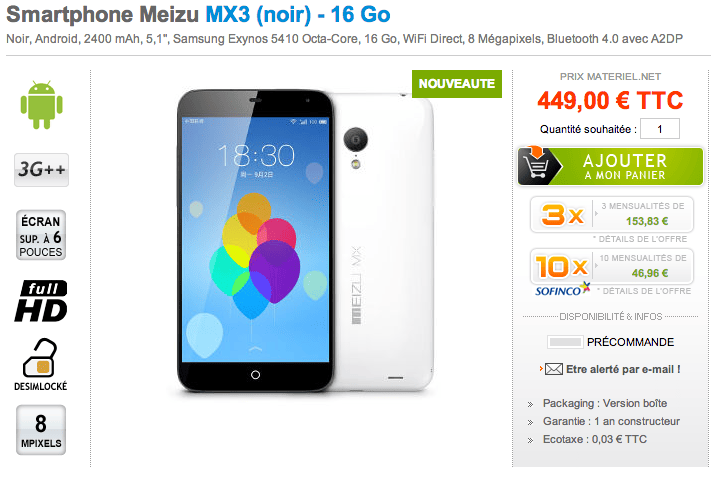 android meizu mx3 france french fr materiel.net precommande