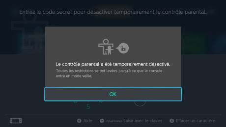 Nintendo Switch contrôle parental déverrouillage