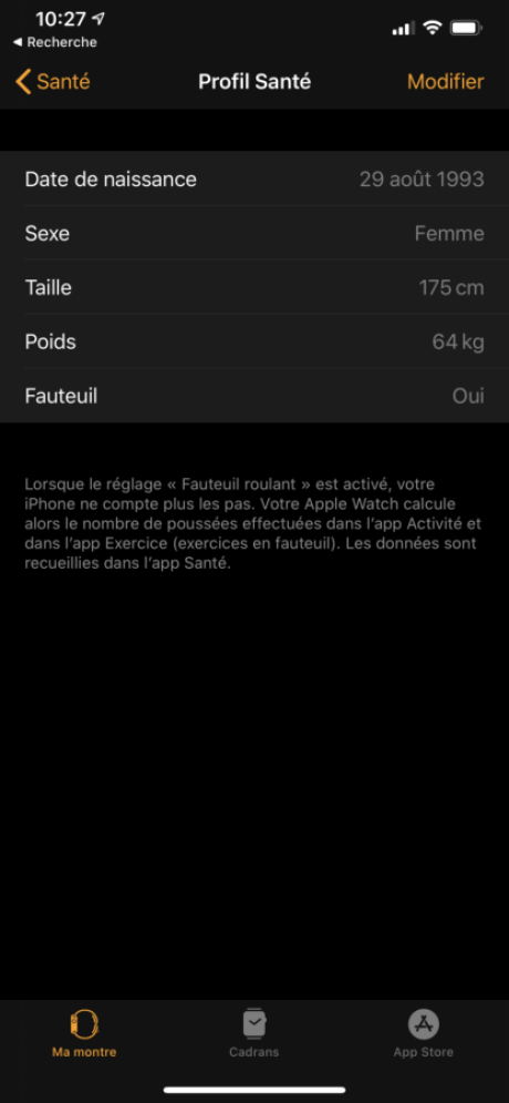 fiche santé Apple Watch accessibilité