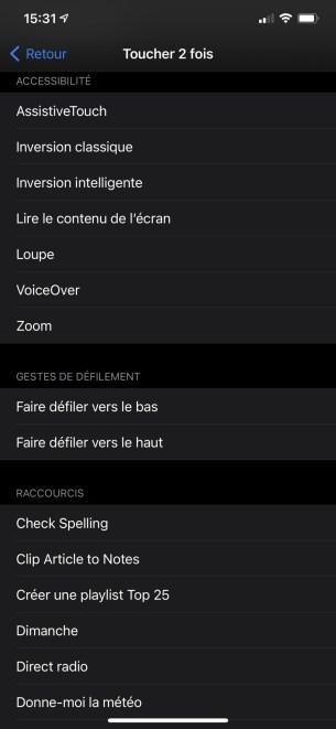 Menu iOS 14 toucher le dos accessibilité raccourcis