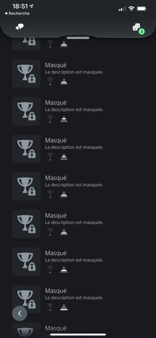 La liste des trophées masqués d'un jeu sur la PS App
