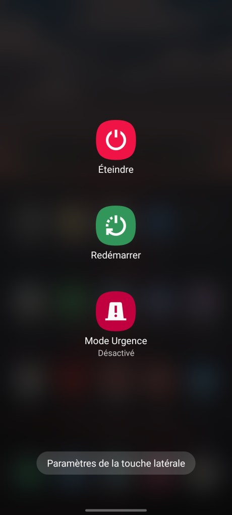 Le menu d'alimentation de One UI est limité