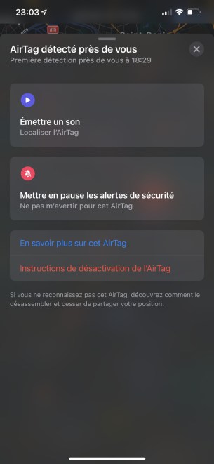 Si vous détectez un AirTag ne vous appartenant pas, vous pouvez le signaler // Source : FRANDROID