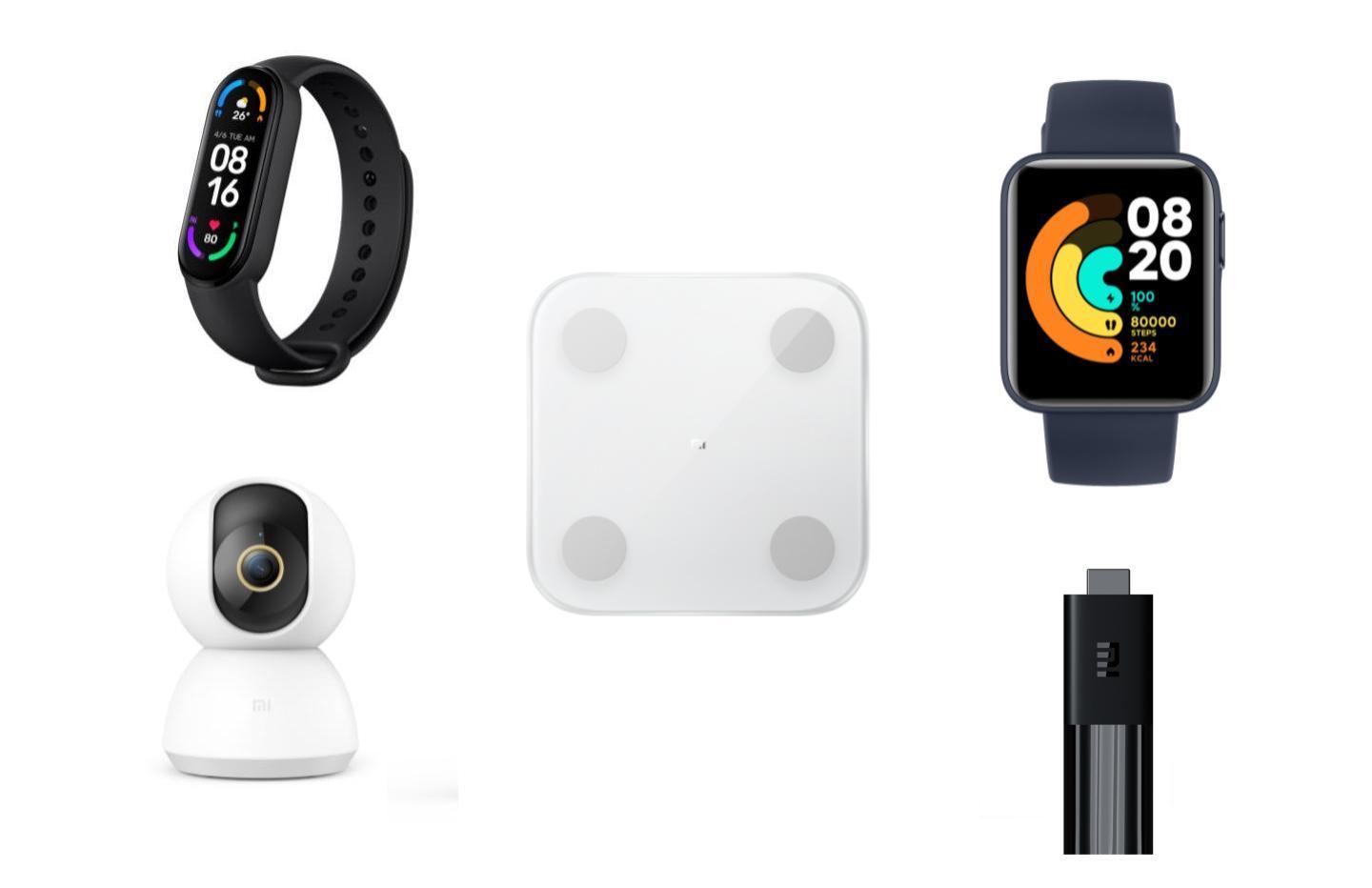 Dans l'ordre : le Mi Smart Band 6, la Mi Body Composition Scale 2, la Mi Watch Lite, la Mi 360° Home Security Camera 2K et le Mi TV Stick.