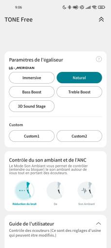 Les profils d'égalisation développés par Meridian sont à activer dans l'app des écouteurs LG Tone Free FP8.