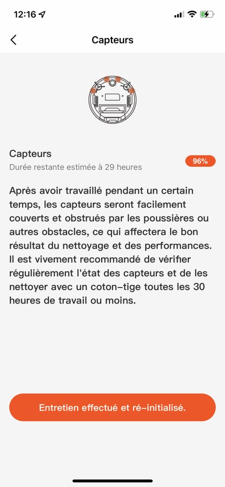 L’app vous fait penser à nettoyer régulièrement les capteurs pour maintenir une efficacité optimale // Source : Frandroid / Yazid Amer