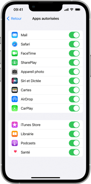 Limitation des apps autorisées pour un enfant dans Temps d'écran // Source : Apple