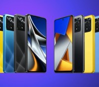 Les Poco X4 Pro 5G à gauche et les Poco M4 Pro 4G à droite