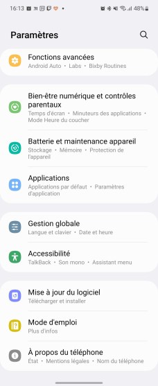 One UI 4 : paramètres. // Source : Frandroid