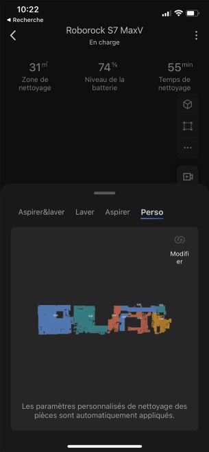 L’icône Perso vous permet de sélectionner dans l’ordre dans lequel seront traitées les pièces, et de personnaliser le mode de nettoyage pour chacune // Source : Yazid Amer - Frandroid