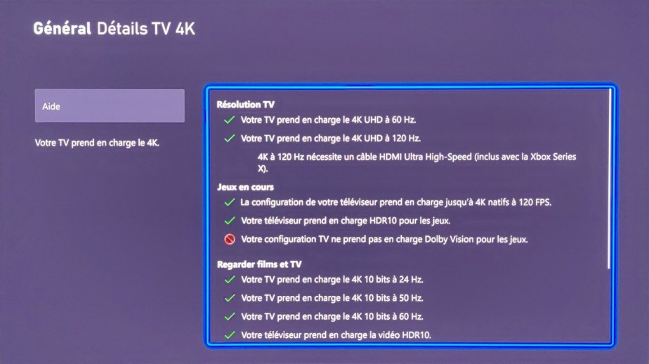 Tout est au vert sauf le Dolby Vision.