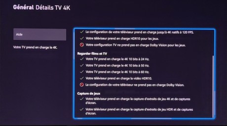 Les détails depuis la Xbox de Microsoft, la fonction Dolby Vision est ici désactivée mais possible.