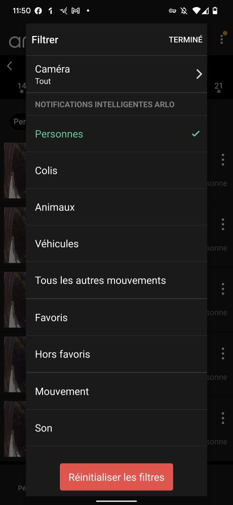 Le système de filtrage est complet et efficace, pour peu que vous ayez souscrit à l’abonnement Arlo // Source : Yazid Amer - FRANDROID