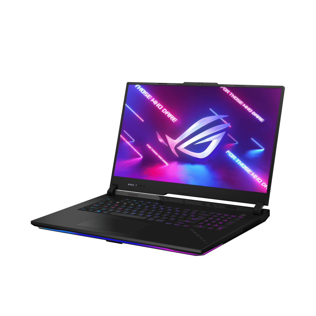 Off centered shot of the front side of the ROG Strix SCAR 17 with ROG Fearless Eye logo on screen (Grand)