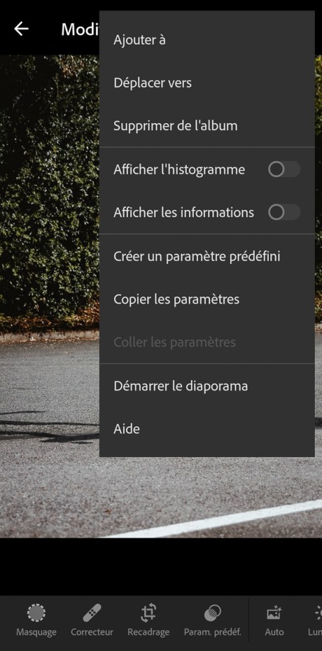 Première étape de la création d'un paramètre prédéfini sur Lightroom mobile // Source : Lola Gréco pour Frandroid