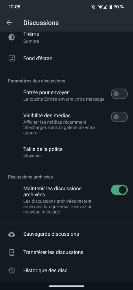L'option Transférer les discussions sur WhatsApp // Source : Frandroid