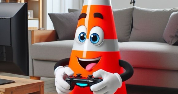 « un cône de circulation joue à un jeu vidéo sur un téléviseur dans un salon » // Source : généré avec Bing Creator « un cône de circulation joue à un jeu vidéo sur un téléviseur dans un salon » // Source : généré avec Bing Creator