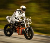 The MIT Electric Vehicle team tests out their hydrogen powered motorcycle at Thompson Speedway Motorsports Park in Thompson, CT on October 22, 2023. Photo by Adam Glanzman