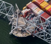 The Dali container vessel after striking the Francis Scott Key Bridge that collapsed into the Patapsco River in Baltimore, Maryland, US, on Tuesday, March 26, 2024. The commuter bridge collapsed after being struck by a container ship, causing vehicles to plunge into the water and halting shipping traffic at one of the most important ports on the US East Coast. Photographer: Al Drago/Bloomberg via Getty Images
