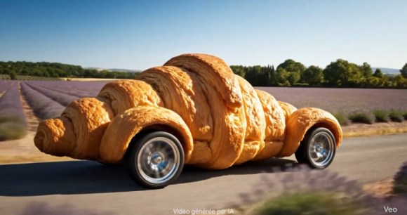 Une voiture-croissant générée par Gemini avec Veo 3 pour célébrer l'arrivée de l'outil en France. Une voiture-croissant générée par Gemini avec Veo 3 pour célébrer l'arrivée de l'outil en France.