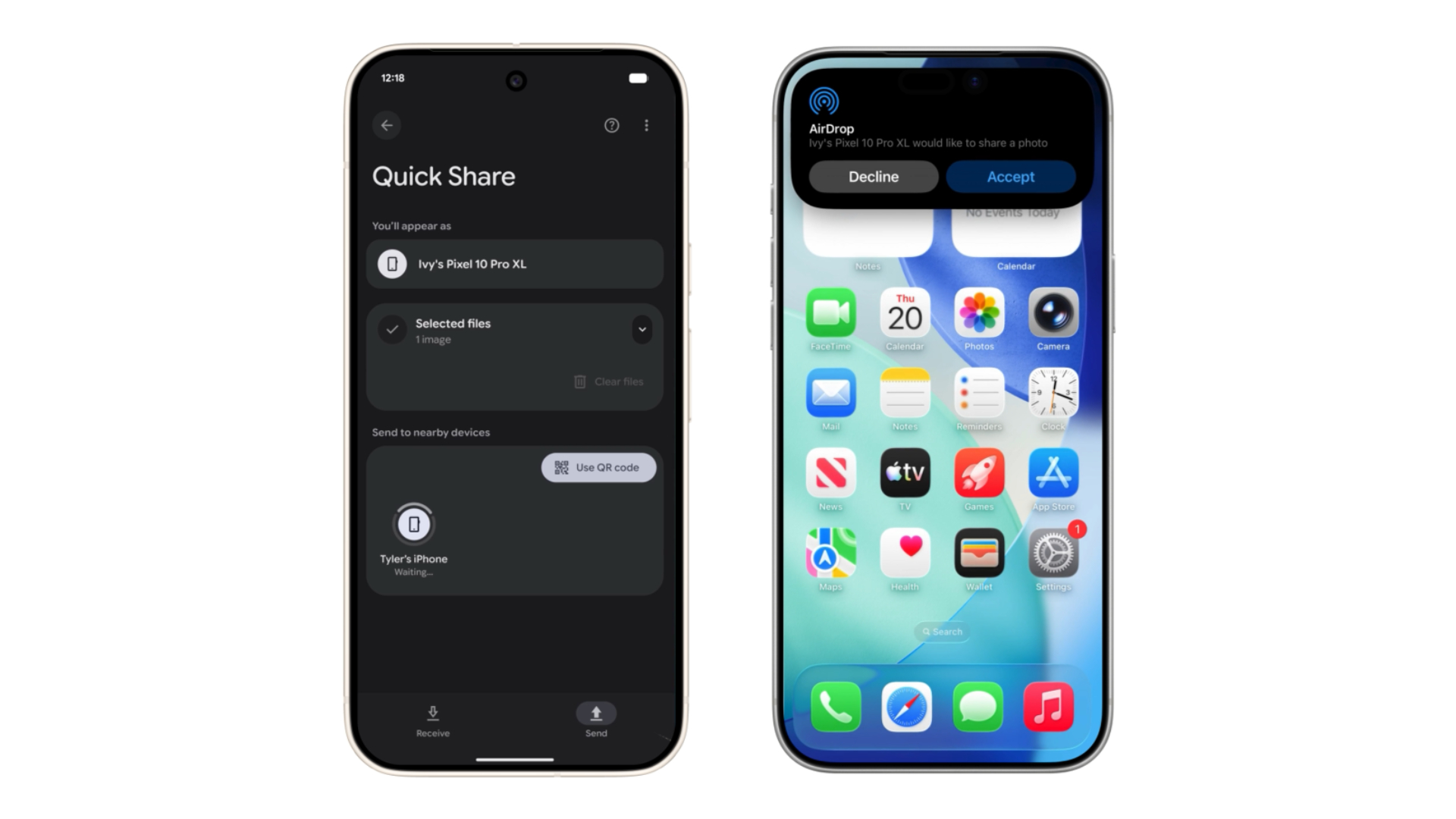 Un transfert de fichier d'un Pixel 10 vers un iPhone via Quick Share et AirDrop