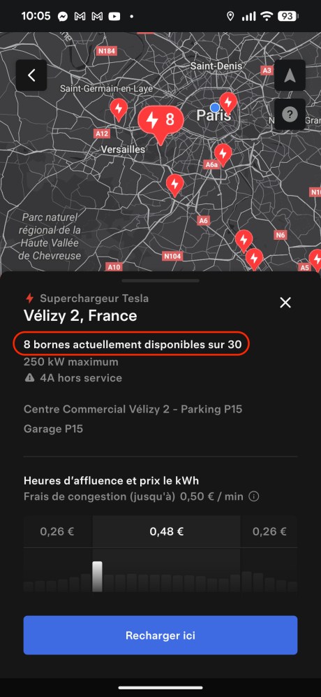 Tesla Superchargeur sur l'app Tesla // Source : Capture d'écran Frandroid