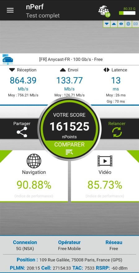 Un speedtest réalisé par Free // Source : Free