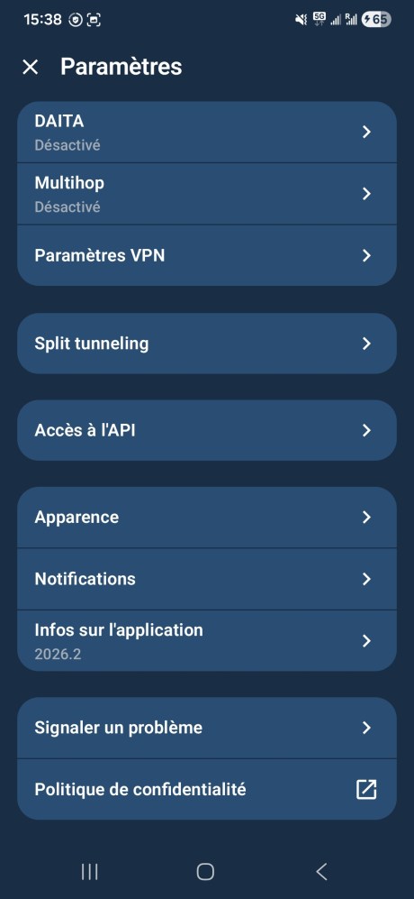Mullvad paramètres mobile