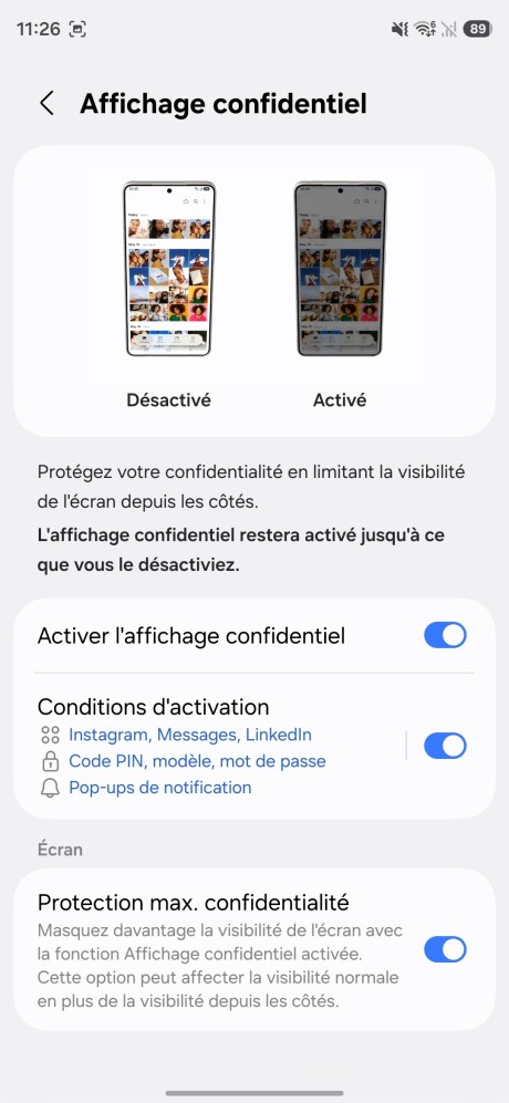 L'option Affichage confidentil dans les paramètres du Samsung Galaxy S26 Ultra // Source : Capture d'écran Frandroid