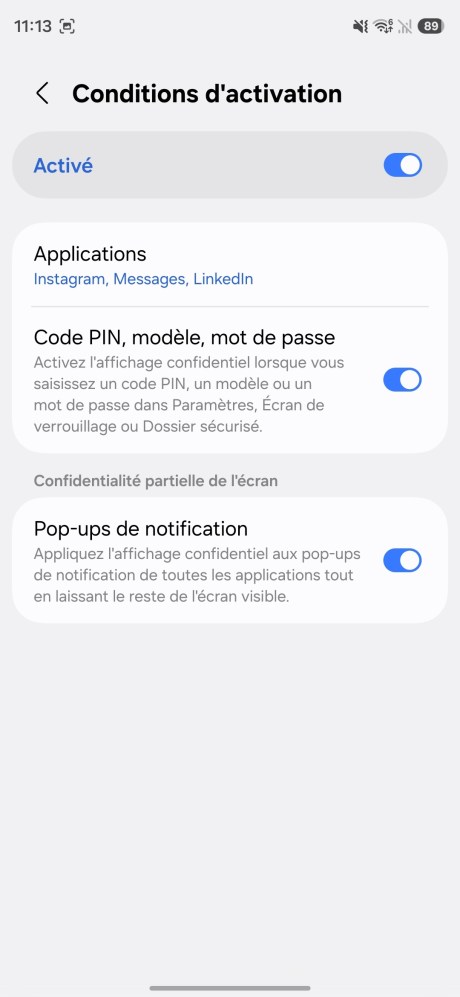 Conditions d'activation de l'affichage confidentiel du Samsung Galaxy S26 Ultra. // Source : Capture d'écran Frandroid