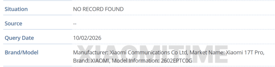 Le Xiaomi 17T Pro apparaît dans la base de données de GSMA // Source : XiaomiTime