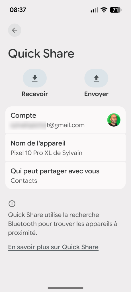 Quick Share sur Pixel 10 Pro XL