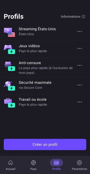 Interface mobile Proton VPN 3