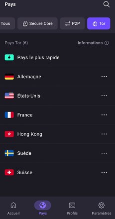Interface mobile Proton VPN 2