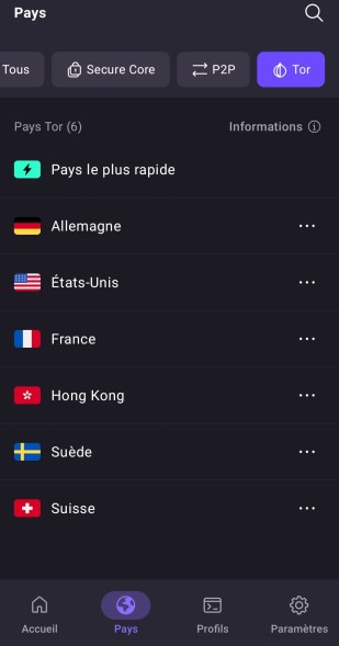 Interface mobile Proton VPN 2