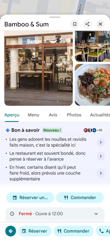 Suggestion de Gemini sur un restaurant dans Google Maps // Source : Capture d'écran Frandroid
