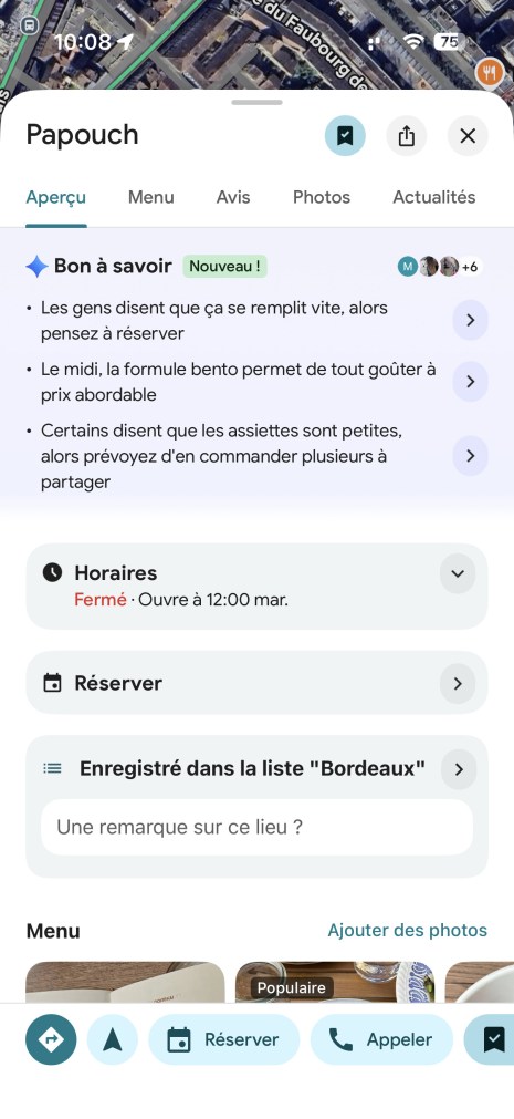 Suggestion de Gemini sur un restaurant dans Google Maps // Source : Capture d'écran Frandroid