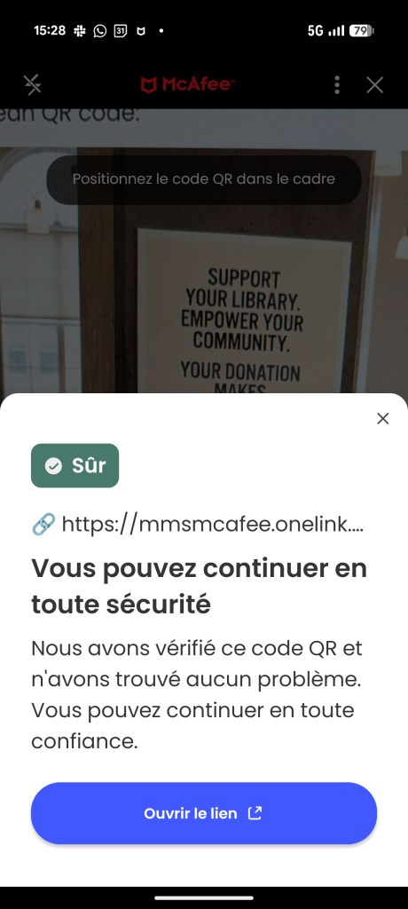Le détecteur de fraudes de McAfee indique que le QR Code est sûr. // Source : Capture d'écran Frandroid