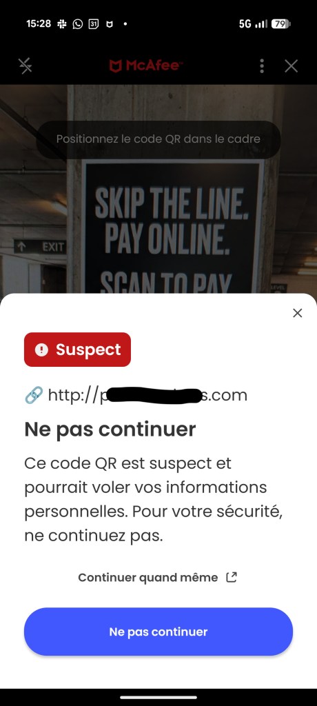 Le détecteur de fraudes de McAfee indique que le QR Code est suspect. // Source : Capture d'écran Frandroid