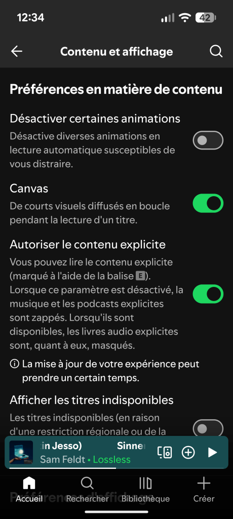 Spotify Paramètres affichage vidéos