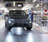 The first Volvo EX60 rolls off the line at the Torslanda plant as part of the Start of Production Event
