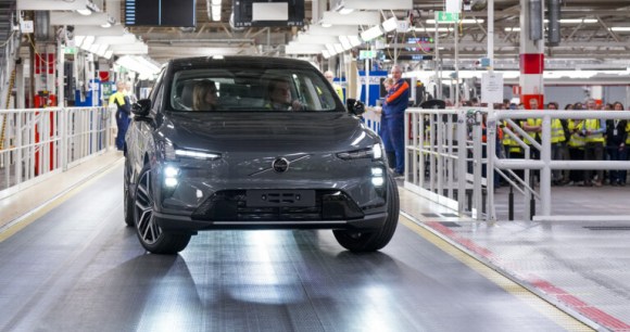 The first Volvo EX60 rolls off the line at the Torslanda plant as part of the Start of Production Event