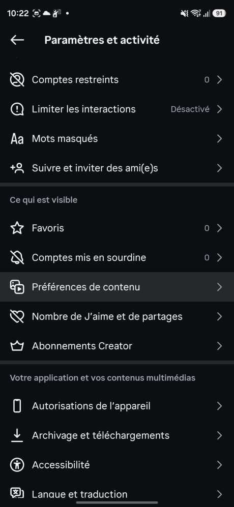 Allez dans Préférences de contenu dans les paramètres Instagram. // Source : Capture d'écran Frandroid