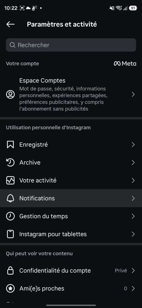 Dans les paramètres d'Instagram, allez dans Notifications. // Source : Capture d'écran Frandroid