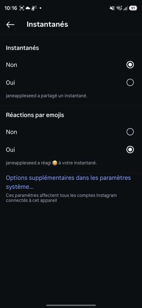 Dans la rubrique Instantanés, cochez l'option Non. // Source : Capture d'écran Frandroid
