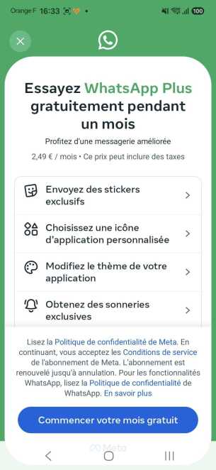 Les avantages de l'abonnement WhatsApp Plus. // Source : Capture d'écran Frandroid
