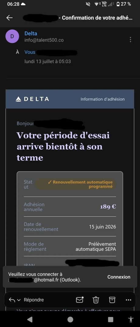 L'arnaque se faisant passer pour un mail légitime du programme Delta Sky Club. // Source : Signal Arnaques