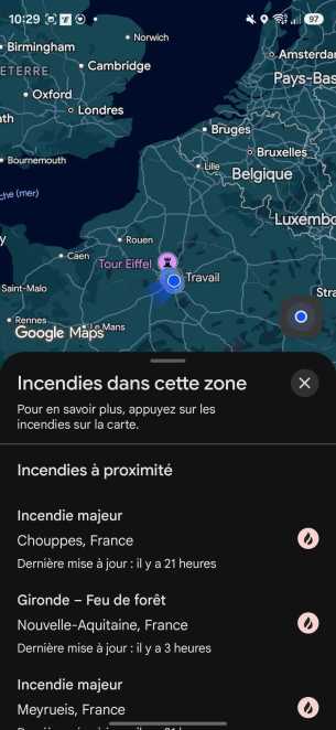 Comment suivre un feu de forêt sur Google Maps // Source : Capture d'écran Frandroid