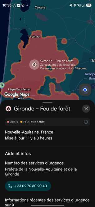 Comment suivre un feu de forêt sur Google Maps // Source : Capture d'écran Frandroid
