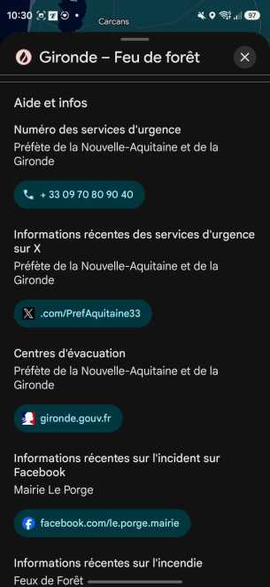 Comment suivre un feu de forêt sur Google Maps // Source : Capture d'écran Frandroid